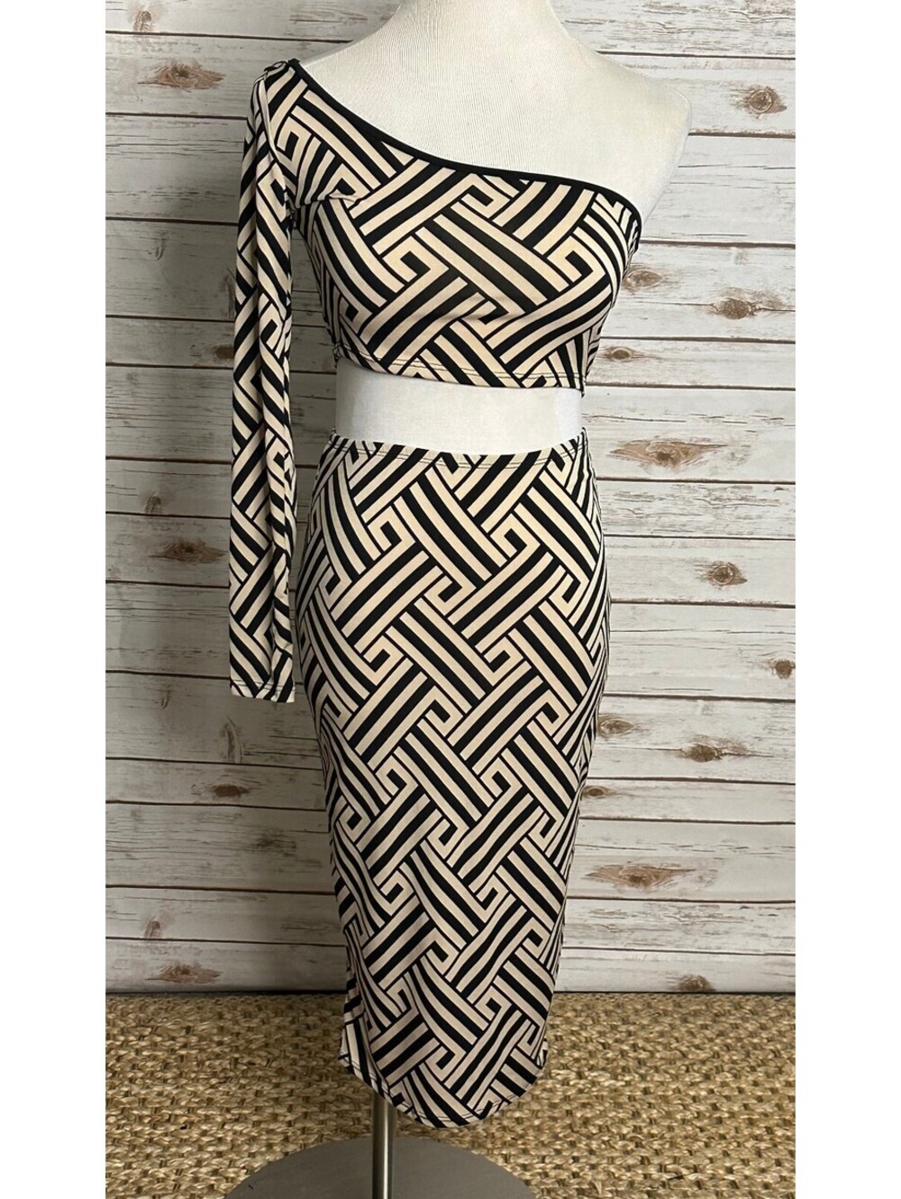 Fashion Nova black taupe graphic geometric asymmetrical top and midi skirt set